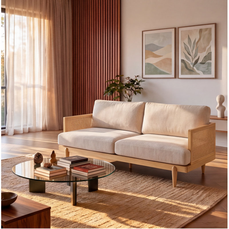 EMIR - Canapé 3 places à accoudoirs carrés 72 po avec structure en bois et rotin, beige naturel, Mélange de polyester beige