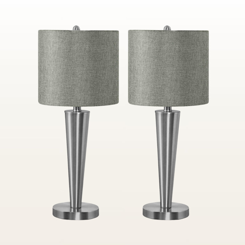 Lampe de table 2 lumières avec port USB, métal nickel et abat-jour gris Milana, H 23,75 po x l 9,79 po x P 9,73 po
