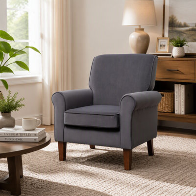 Traditional Rolled Arm Armchair, Solid Birch Wood Frame with Tapered Brown Legs, Polyester Blend Printed Cloth Upholstered Chair with Foam Filled Seat for Living Room Office
