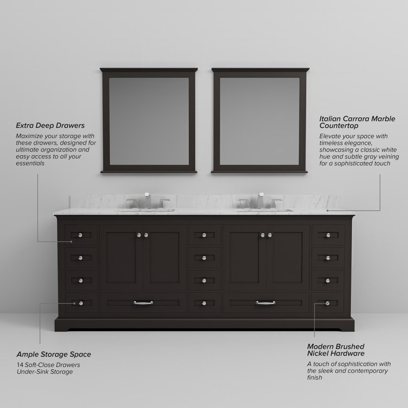 Dukes 84 in. W x 22 in. D Double Bath Vanity Faucet Set and Mirrors, Espresso, White Carrara Marble