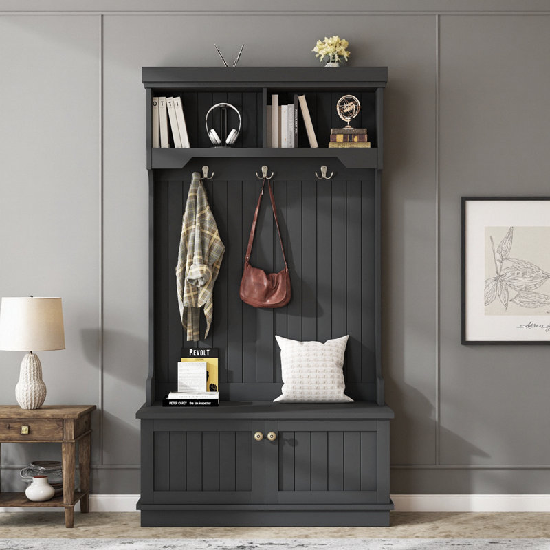Modern 4-in-1 Entryway Hall Tree with Shoe Bench, Storage Cabinet & Display Shelf, Black, Black