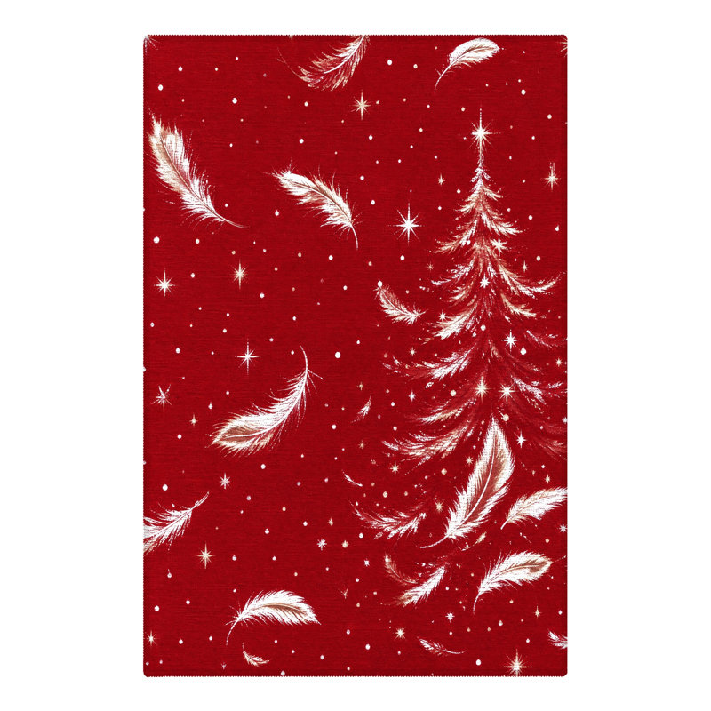 Tapis de salon lavable à poils courts, motif animaux de Noël plumes et flocons de neige, rouge et blanc