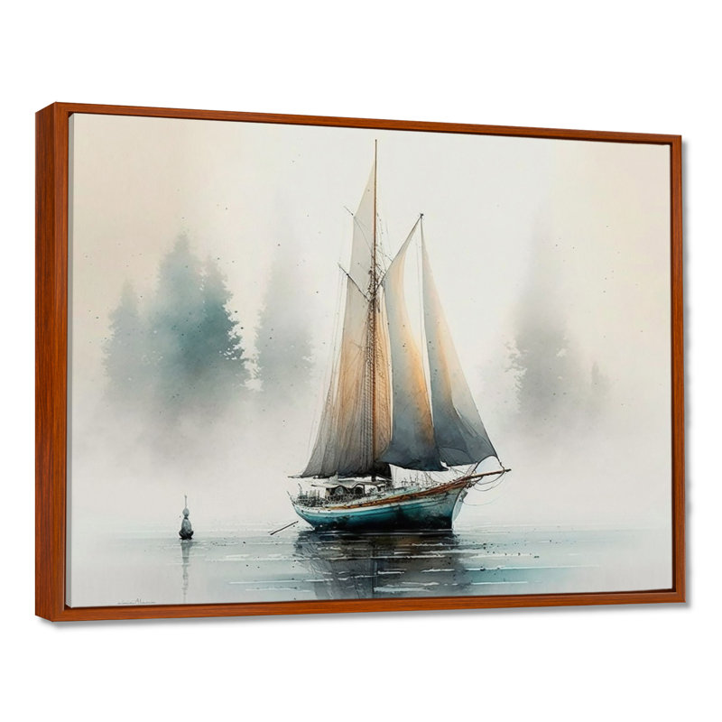Voilier ancré - art sur toile de bateau côtier, 24" H x 32" W, Cadre flottant brun