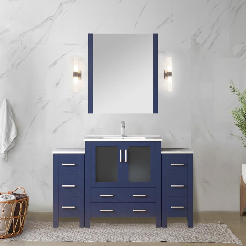 Meuble-lavabo bleu marine 54 po L, armoires latérales, miroir à 28 po, fermeture en douceur, plateau en céramique, 8 tiroirs et 1 armoire, surface de teinture avec meuble-lavabo blanc à grattoir, plusieurs unités de rangement pour