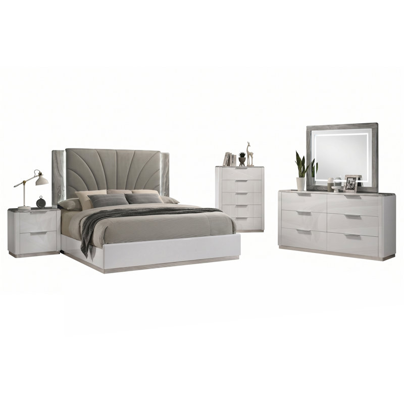 Collection de chambre à coucher grand luxe Monaco avec finition blanche ultrabrillante, accents de marbre gris et éclairage à DEL intégré