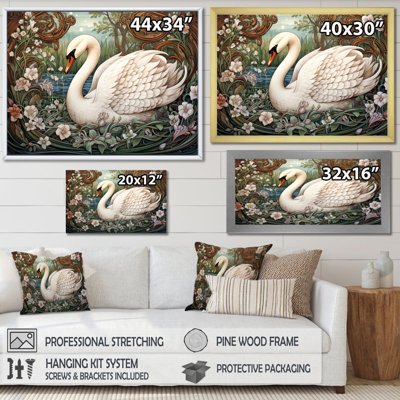 Cygnes majestueux, horizon sur toile, H 30 po x l 40 po x P 1,5 po, Encadrement doré