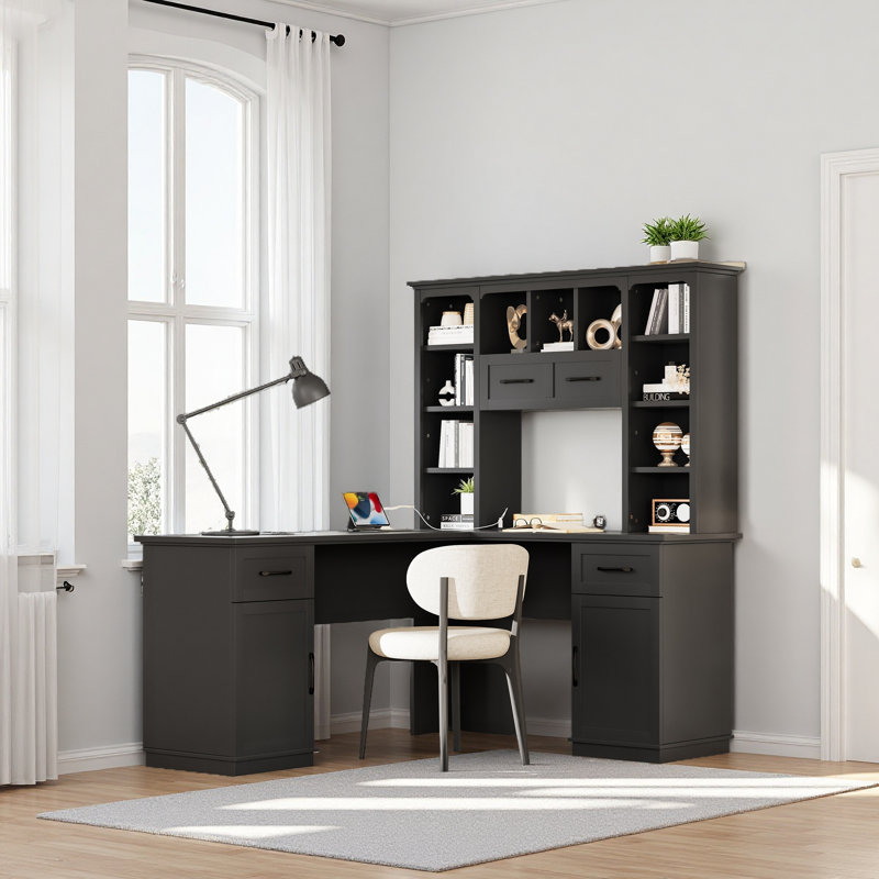 Bureau d'ordinateur en L avec 2 armoires et 2 tiroirs, 11 tablettes ouvertes, avec prise de courant, Noir