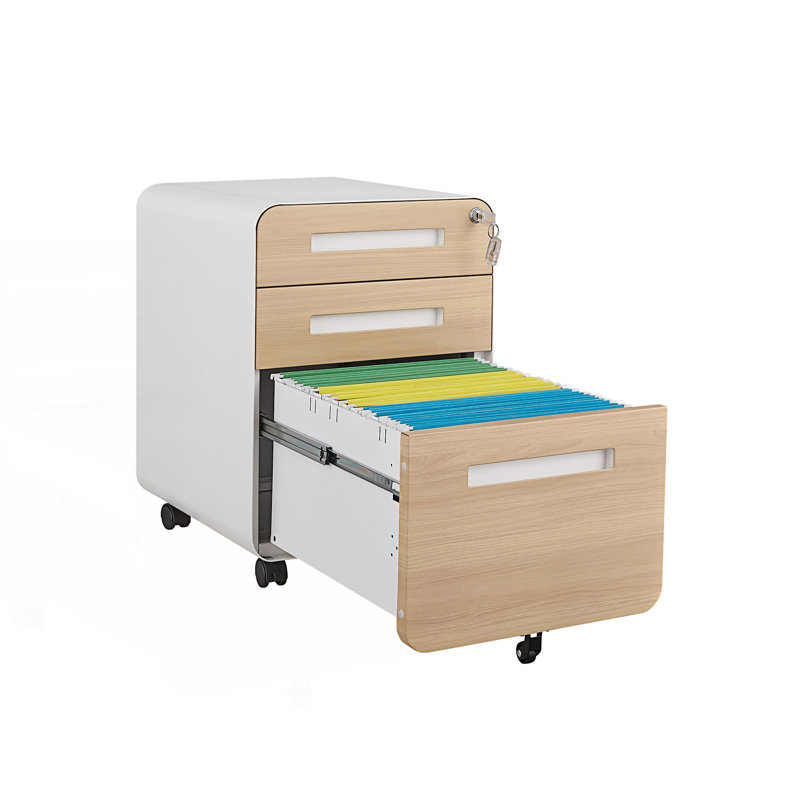 3 Drawer Mobile File Cabinet, Simple Style Versatile Storage Cabinet, Living Room Storage Cabinet, White/Natural
