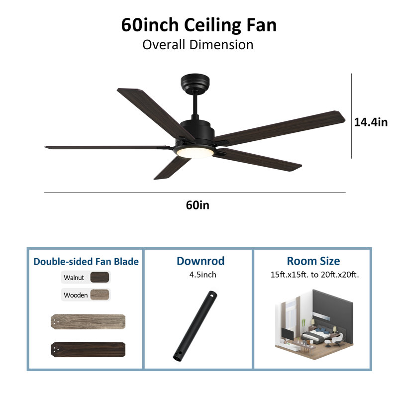 Ventilateur de plafond 60 po à 5 pales avec lumière Lisk, Noir
