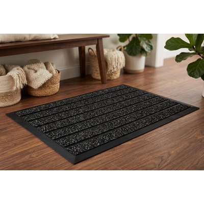 Heavy Duty Indoor Outdoor Door Mat, 16 x 24 Inches, Non-Slip Rubber Backing, All-Weather Shoe Scraper Mat for Entryway, Patio, and Garage, Black
