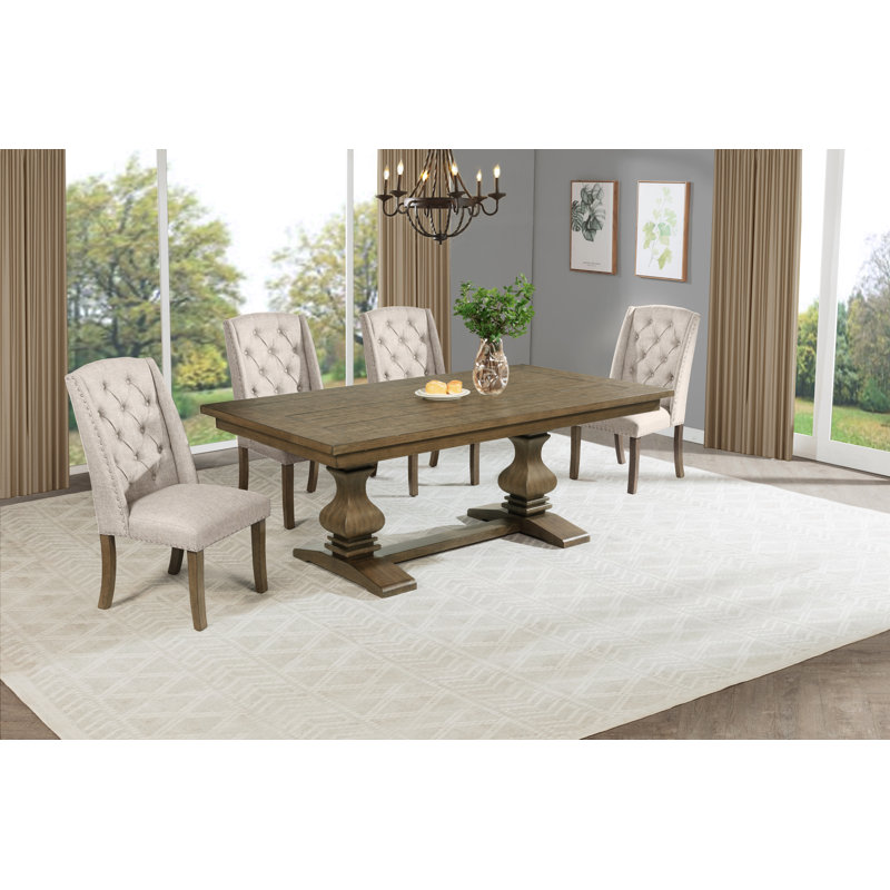 Ensemble de salle à manger en chêne brun avec chaises d'appoint capitonnées, 5, Beige