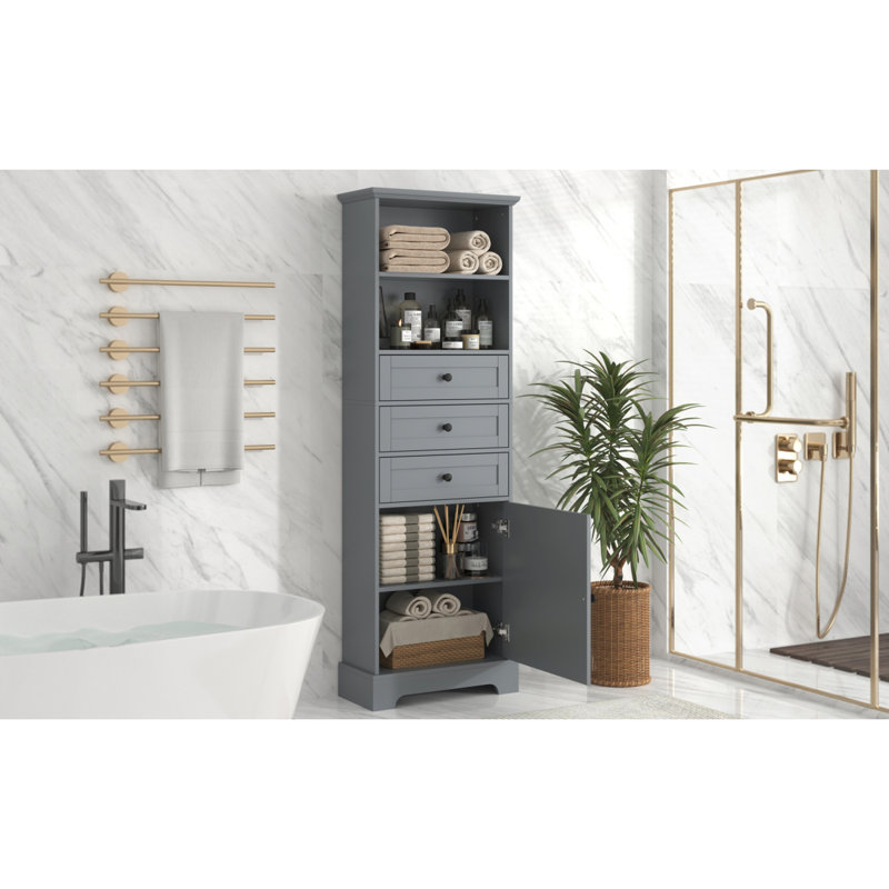 Stylish Storage Cabinet For Bathroom, Tall Storage Cabinet With Drawers And Adjustable Shelves For Bathroom, Gray