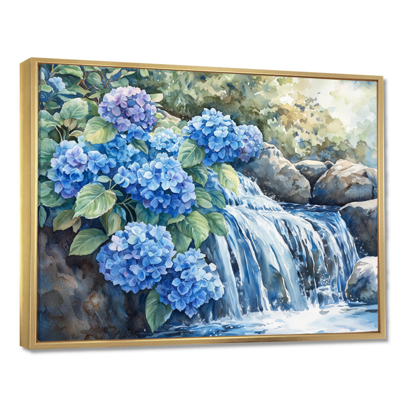 «Ilyena Hydrangeas By The Waterfall II», art mural hortensias, H 16 po x l 32 po, Doré, Floater Framed