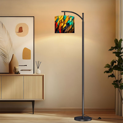 Arc Floor Lamp with Adjustable Lampshade Colorful stained glass window Abstract stained glass Art Standing Lamp 3 Color Temperatures Dimmable Tall Pole Lamp with Foot Switch for Bedroom