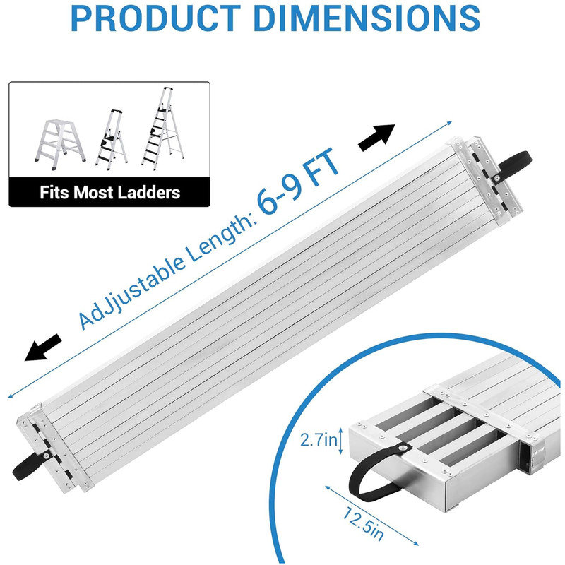 Planche télescopique en aluminium, capacité de 440 lb, planche d'échafaudage à extension avec plateforme échafaudage antidérapante