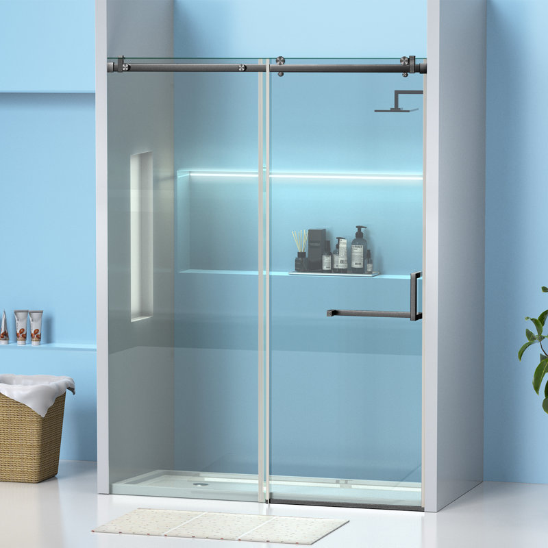 56-60" W x 75" H Sliding Shower Door, Frameless Glass Shower Door with 5/16" (8mm) Clear Tempered Glass, Explosion-Proof Film, Pull Handle, Stainless Steel Hardware, Brush Sliver Finished