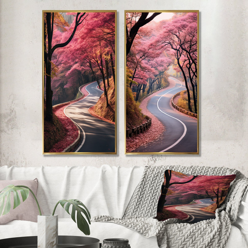 «Pink Blooming Road Into The Forest I», ensemble de 2 impressions sur toile routières, Cadre flottant doré, H 28 po x l 25 po