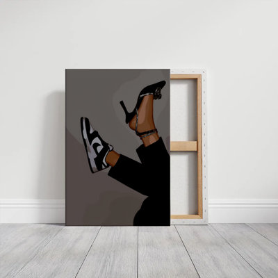 Framed Canvas Wall Art - Contrasting Shoes, One Sneaker and One High Heel, Digital Illustration - 24" x 36" for Living Room and Bedroom