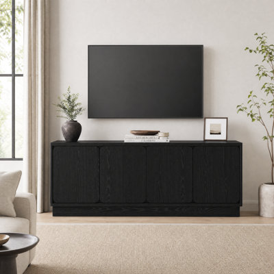 Black 63 Inch TV Stand with 4 Storage Doors, Wood Particle Board Media Console Cabinet with Cable Holes, Low Profile, Modern TV Cabinet