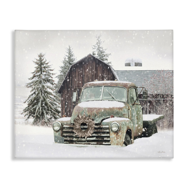 Paysage rustique enneigé à la campagne et camion enneigé, art texturé noir par Lori Deiter, H 16 po x l 20 po