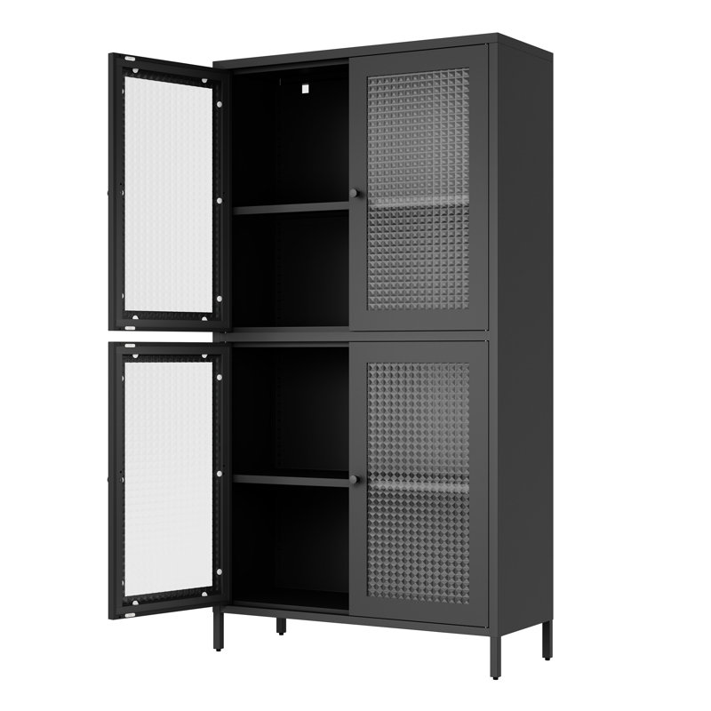 Armoire en métal avec 4 portes en verre et revêtement thermolaqué - élément de basculement de rangement classique noir pour la cuisine