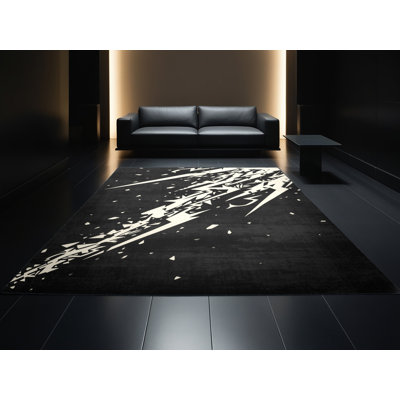 Machine Washable Ulster Ragnarok Scene Modern Abstract Rug in Grey – Black Binding