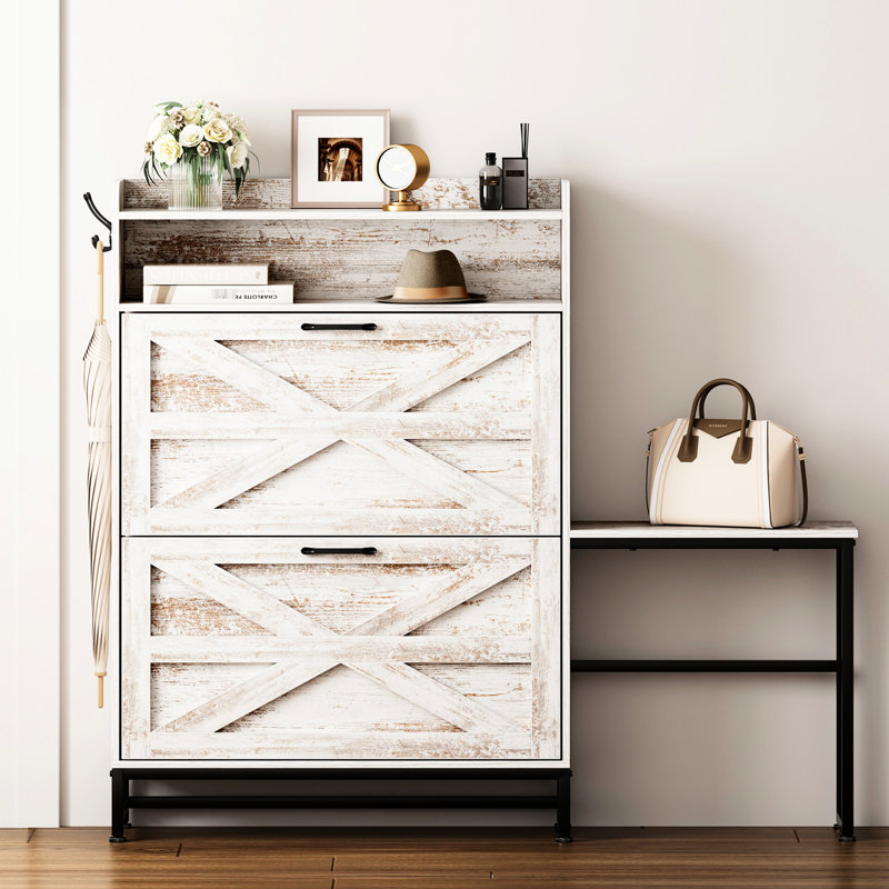 Armoire à chaussures blanche pour les entrées, 2 tiroirs rabattables avec fentes réglables, rétro rustique, basculante, option polyvalente Support à la maison: blanc, fentes et tablette design