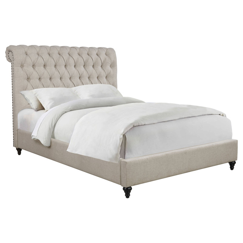 Lit à panneau tapissier Meleya, Très grand, Beige