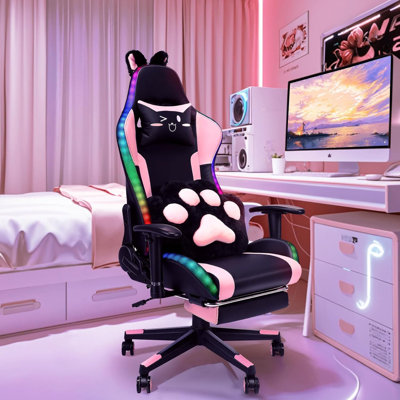 Inbox Zero Adjustable Armrest and Adjustable Headrest PC & Racing Game Chair with Built-In Speaker in Black and Pink