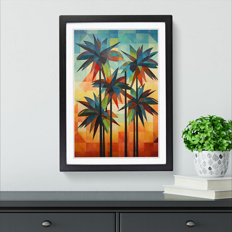 Palm Tree Geometric - Single Picture Frame Print on Wood, Black Framed, 64cm H x 46cm W x 2" D