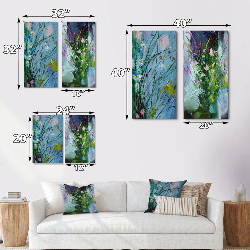 Fleurs abstraites jaunes et vertes - Ensemble de 2 peintures sur toiles, Toile tendue, H 20 po x l 24 po x P 1 po