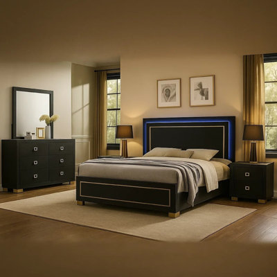 Ensemble de chambre à coucher pour grand lit 4 pièces Lati, tête de lit à panneau DEL et garniture dorée, noir