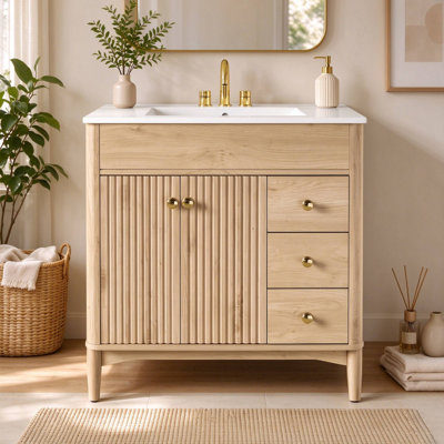 30" Wood Bathroom Vanity Cabinet with White Sink Top, Adjustable Shelf, Soft Close Drawers and Doors