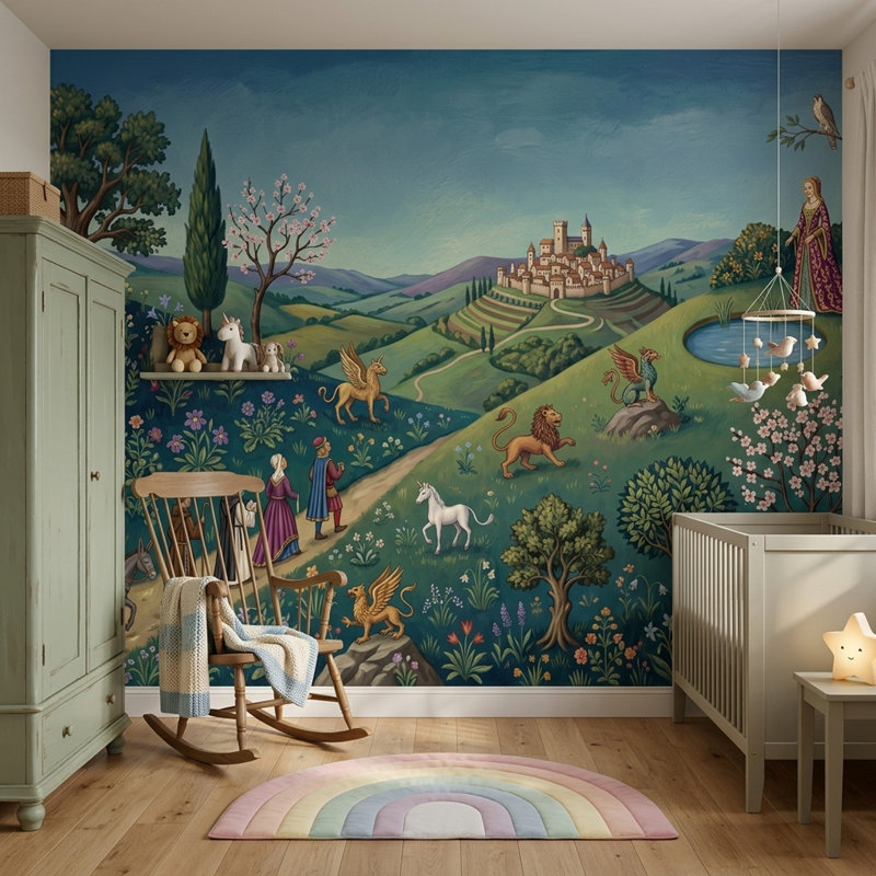 Papier peint paysage médiéval Illustration de livre de contes, ville du château, 100 po x 96 po, Non tissé