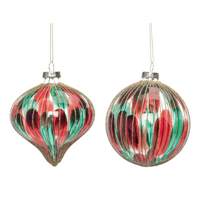  Glass Regal Red/Green Striped Ornament Set of 2 Christmas Home Decorations