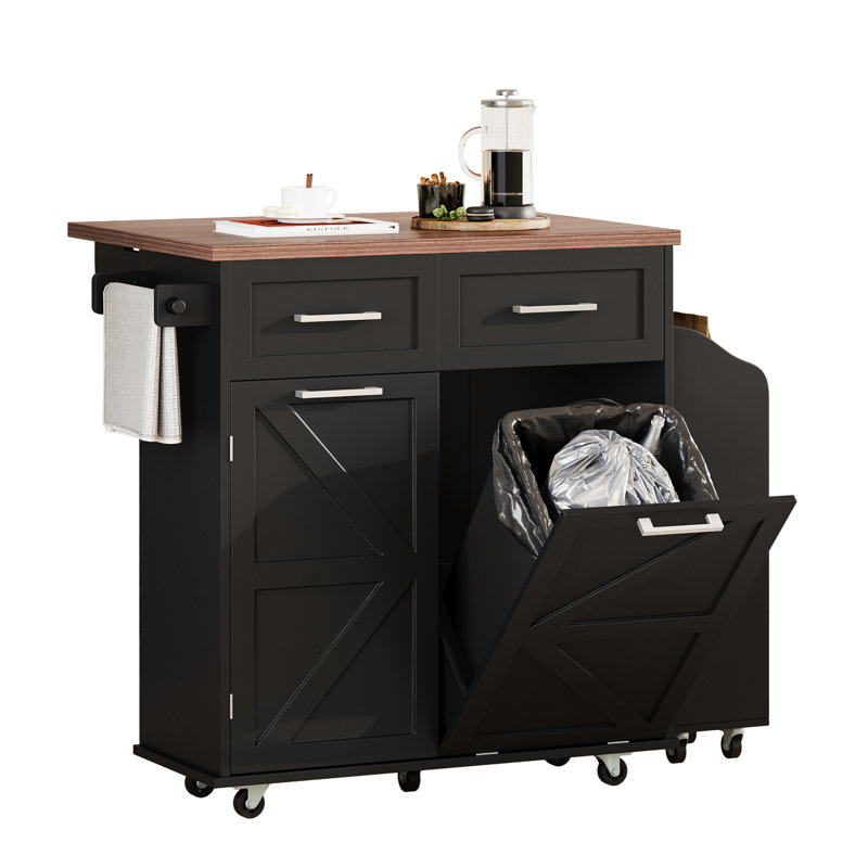 47.2" Kitchen Island, Drop Leaf, Removable Side , Towel Rack, Concealed Tilt Trash Container Cabinet Style Island With 2 Drawers, 9 Wheels, And Adjustable Shelf For Compact Home