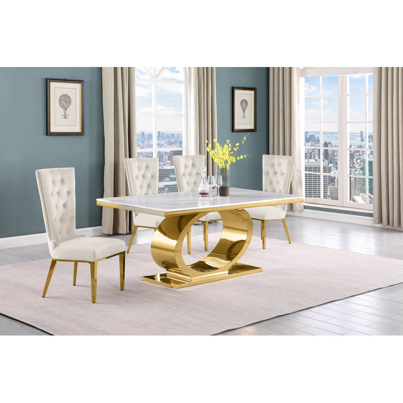 7 pièces Ensemble repas, 5, Crème / doré, Or
