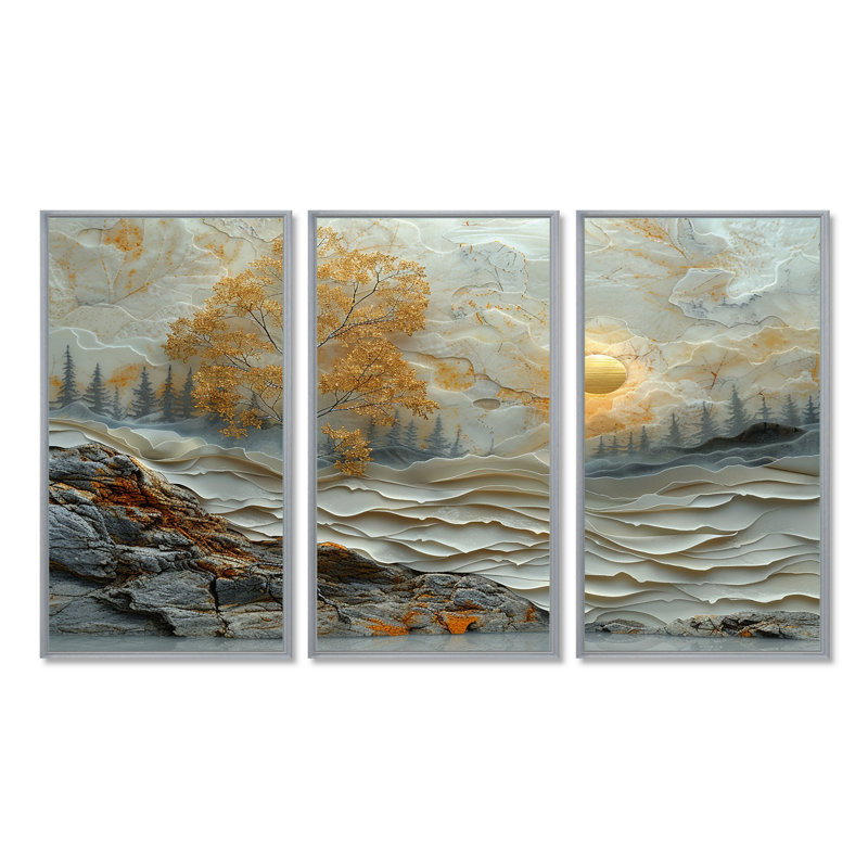 Arliss - Ensemble de décoration murale arbre bouleau, Encadrement argenté, H 32 po x l 48 po x P 1 po