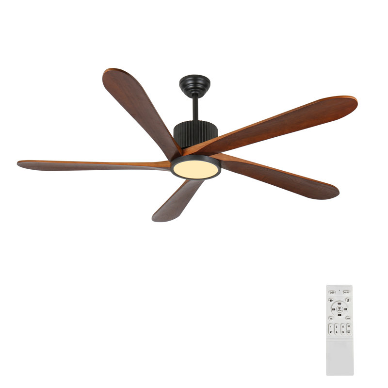 62 Inch DC Ceiling Fan with Lights and Remote Control, 5 Reversible Carved Wood Blades, 6-Speed Noiseless DC Motor, Modern Ceiling Fan in Matte Black Finish with Walnut Blades
