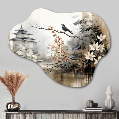 «Asian Art Sumi Bird Serenity I - Art asiatique asymétrique, art mural, sculpture murale en métal