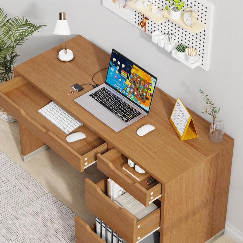 Bureau moderne de 52 pouces avec 4 tiroirs | Bureau à domicile peu encombrant, H 29,6 po x l 52 po x P 19,7 po, Brun