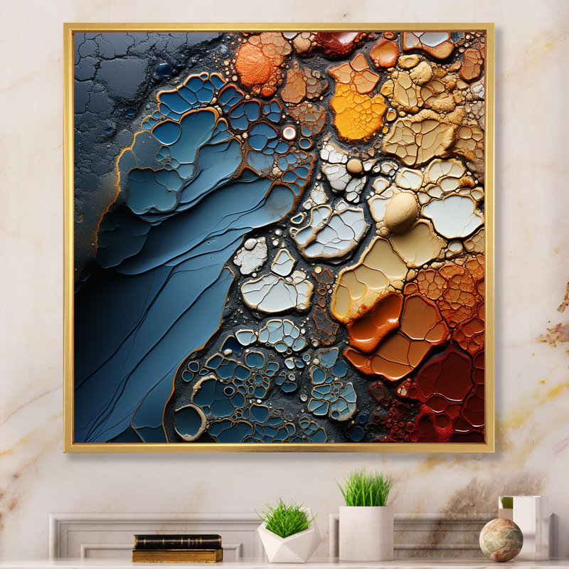 Art mural bleu et orange - formes abstraites, 36" H x 36" W, Cadre flottant doré