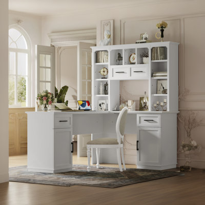Bureau d'ordinateur en L avec 2 armoires et 2 tiroirs, 11 tablettes ouvertes et 1 tablette à droite rabattable avec rangement, avec prise de courant, pour bureau, salon et bureau