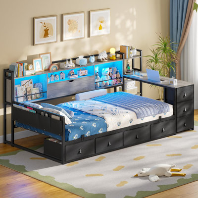 Twin Daybed Corner Bed Frame With 7 Drawers, Desk And Bookcase Storage, Metal Platform  Bed With Charging Station, Black
