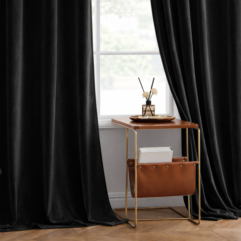 Heavy Crushed Ready Made Velvet Eyelet Curtains (Set Of 2), Black, 117cm Width x 137cm Height