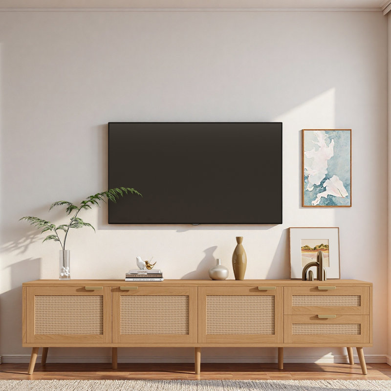 Meuble télé moderne avec portes en rotin, 2 tiroirs, 3 armoires de rangement et trous pour câbles