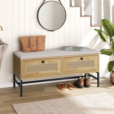 Rattan Shoe Bench Entryway Bench With Storage Drawer, Wooden Storage Bench With Linen Seat Cushion