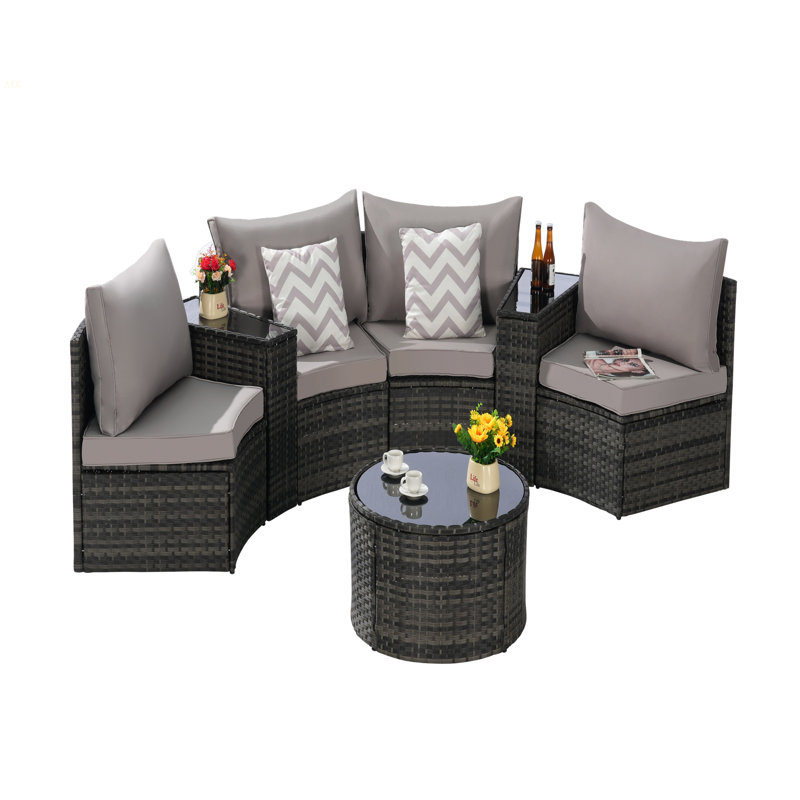 Ensemble de canapé modulaire d'extérieur demi-lune 7 pièces avec table basse ronde en verre trempé, Light Grey