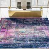 Hand Knotted Abstract Area Rug in Dark Blue/Pink