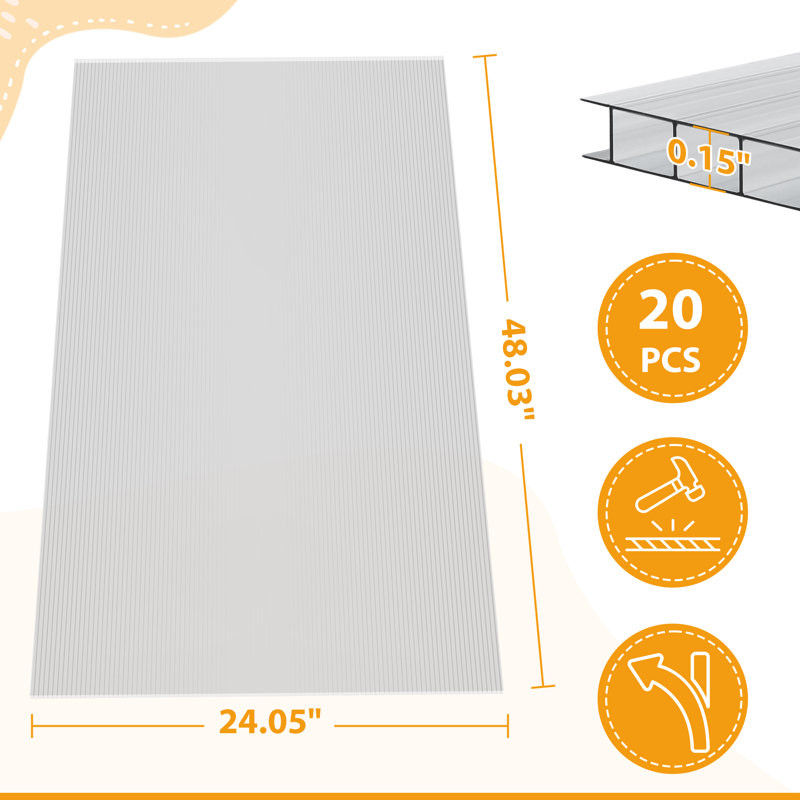 Feuilles de polycarbonate à double paroi durables et imperméables, protection contre les rayons UV, paquet de 20 panneaux